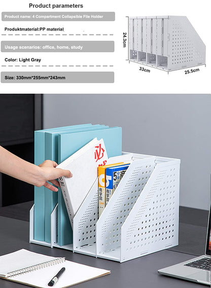 Deli A4 File Holder Folding Bookshelf,1 Year Warranty,4 Vertical Compartments magazine file holder,Desk Organizer Document Folder for Office Organization and Storage (Light gray)