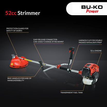 BU-KO 52cc Petrol Strimmer Garden Tool Including: String Trimmer, Brush Cutter with 3T Blade, Steel Wire Strummer Weed Brush Cutting Blade. Great Outdoor Power tool 1 Year Warranty