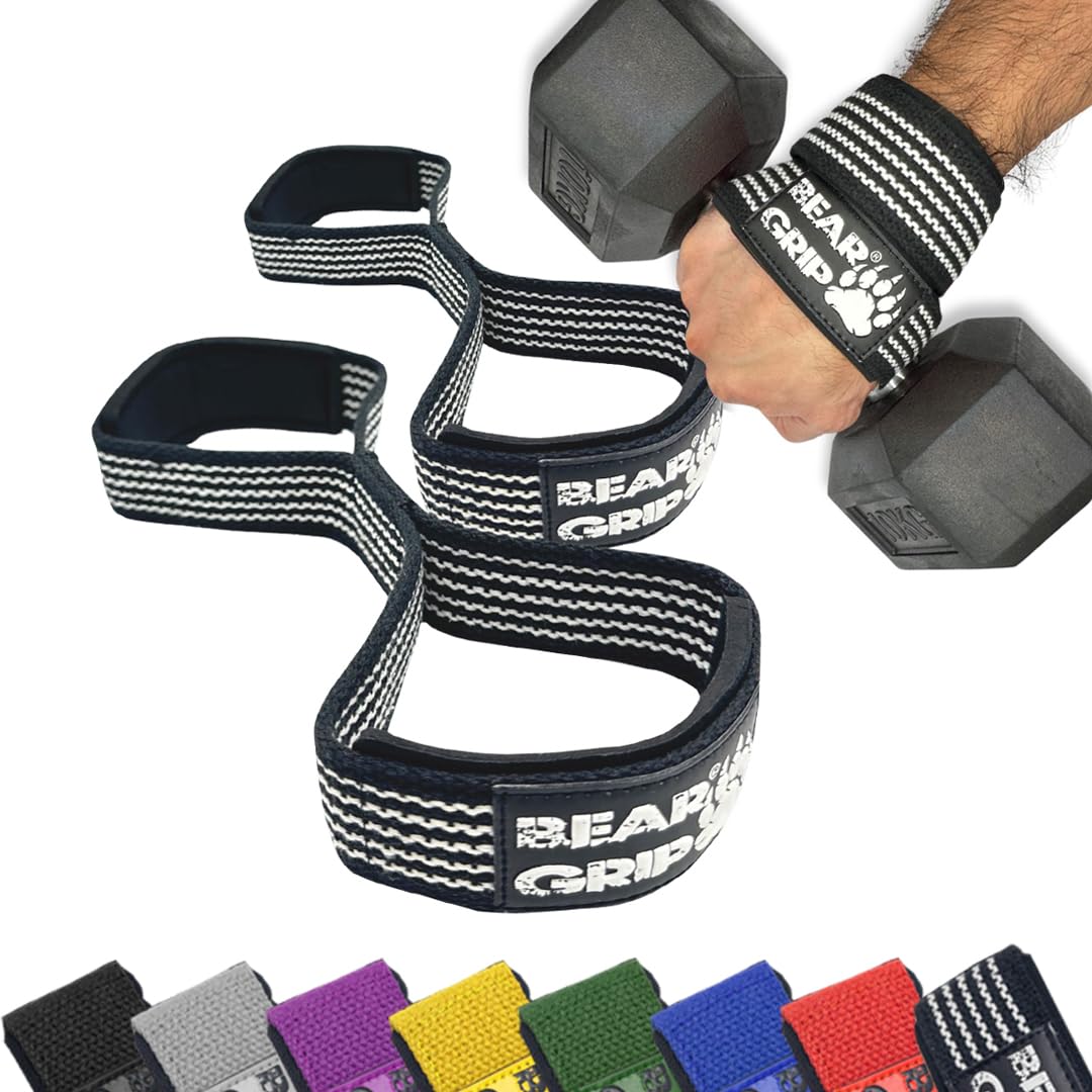 BEAR GRIP - Premium Figure 8 weight lifting straps (sold in pairs) (Black/White)