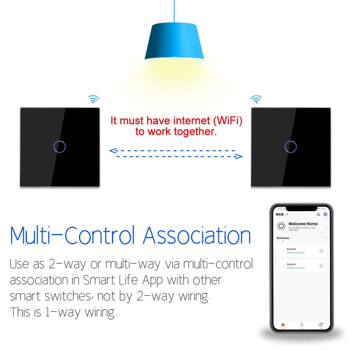 CNBINGO WiFi Smart Light Switch Work with Alexa, Google Assistant, Multi-Way Control by Smart Life App, Single Touch Light Switch, Black Glass Panel, LED Backlight, 1-Gang, Neutral Wire Required