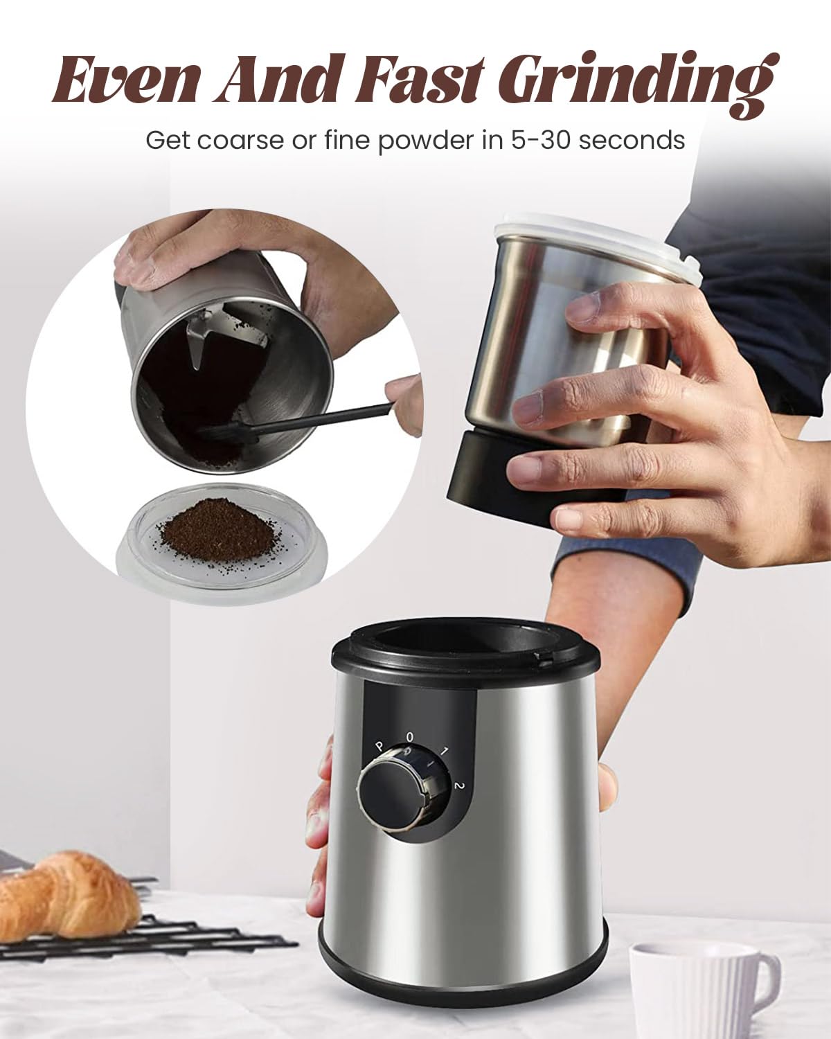 Andizun Coffee Grinder Electric, 350W Motor 80g Capacity Spice Grinder Electric with 304 Stainless Steel Blades for Coffee Beans, Nuts, Pepper