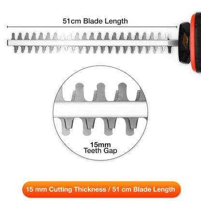 - Terratek Cordless Hedge Trimmer | 20V 1HR Fast Charge | 51cm (510mm) Cutting Length -