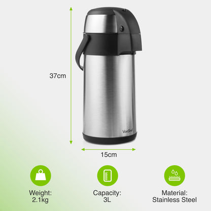 - VonShef Airpot, 3L Stainless Steel Coffee Dispenser with Vacuum Pump