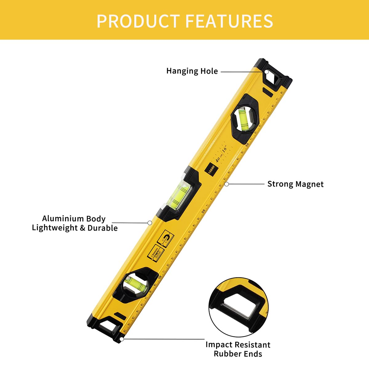 - Teronbeta Aluminium Alloy Spirit Level | 400 mm/16 Inch | Shock Proof Torpedo Level -