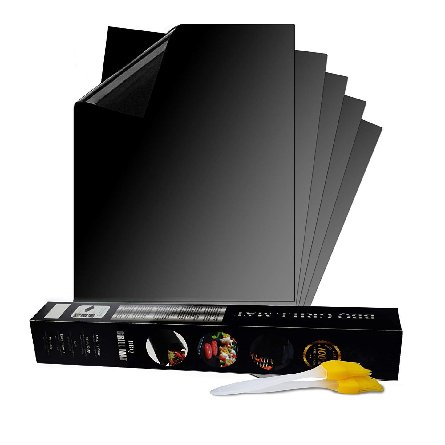 AI Orange BBQ Grill Mat set of 5+2 Grill Brush Heavy Duty 600 Degree 100% Non-Stick BBQ Grill and Baking Mats, FAD Approved PDFA Free Easy to Wash, Works on Gas, Charcoal, Electric Grill and More