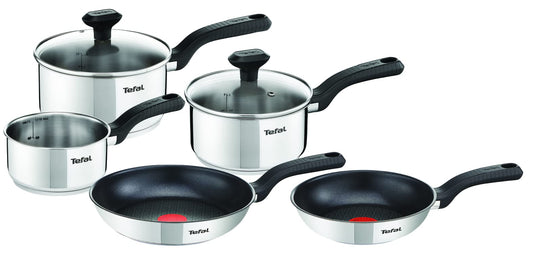 - Tefal Comfort Max | Pan Set | 14cm Milkpan, 16cm and 18cm Saucepans with Lids | 20cm and 24cm Frying Pans | Silver -