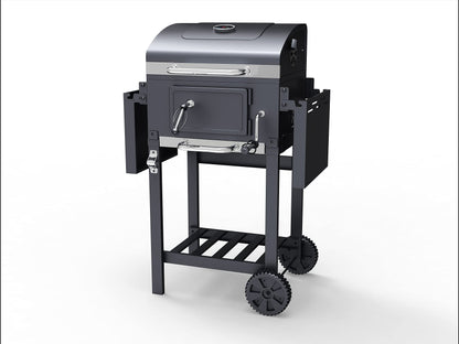 Charcoal BBQ Grill Smoker Stainless Steel with Folding Side Table Shelves, Built-In Thermometer, Wheels, Adjustable Height Outdoor Barbecue BillyOh Kentucky, Black