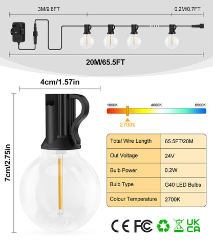 - Festoon Outdoor Lights Mains Powered | 65.5FT 20M G40 Garden Outside Festoon Lights -