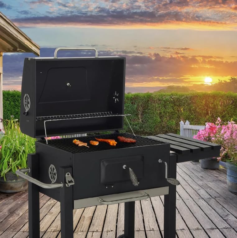 BillyOh Charcoal BBQ Grill Smoker with Side Table Shelf Stainless Stee Top Dad