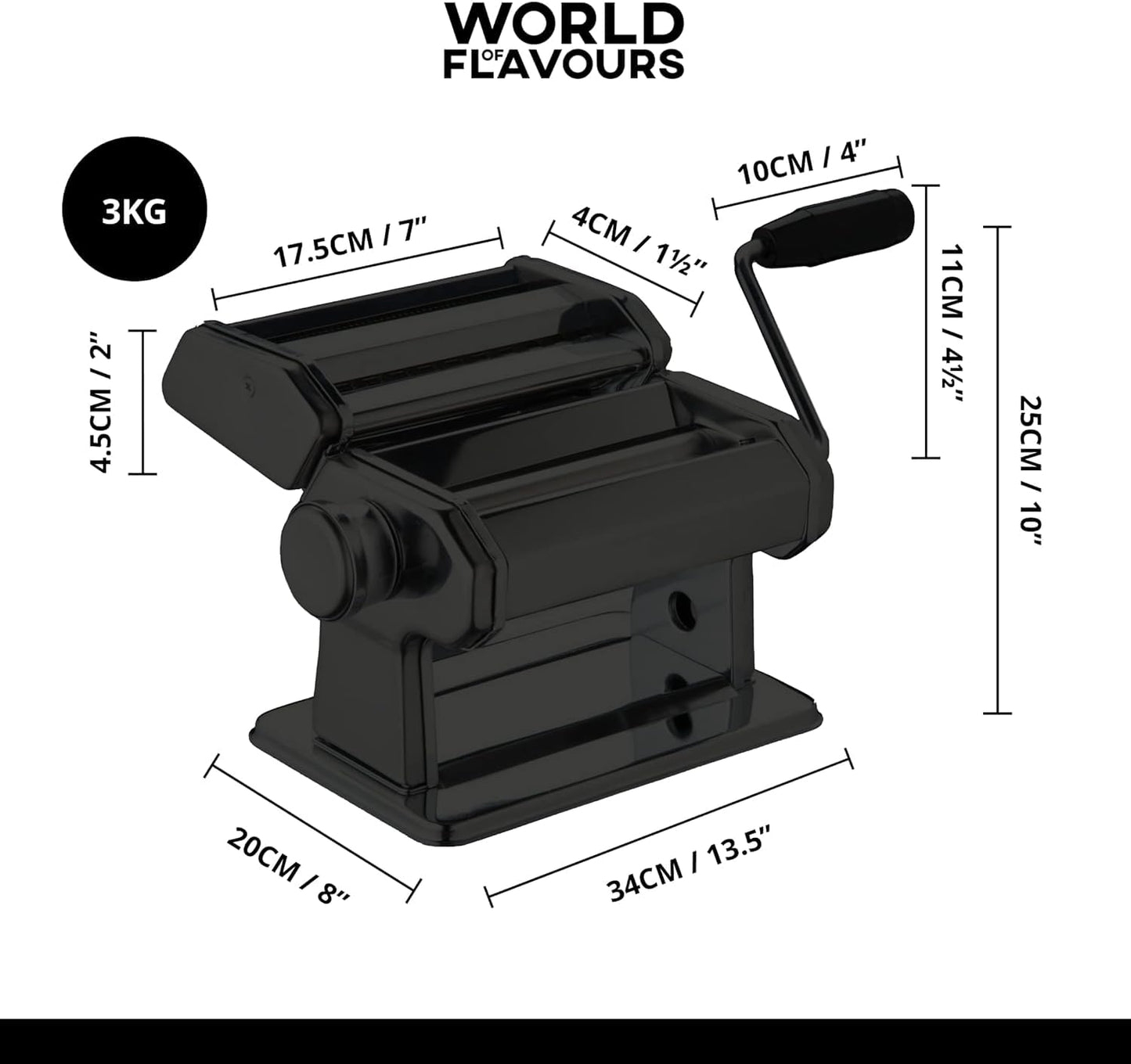 -World of Flavours Pasta Maker, Manual Pasta Machine with 9 Adjustable Thickness, Italian Deluxe Double Cutter, Stainless Steel