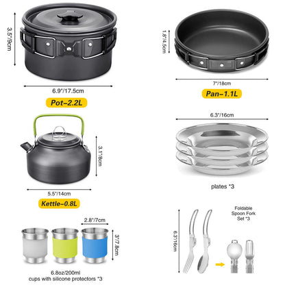 Camping Cookware Mess Kit, 19pcs Cooking Gear for Outdoor, AUHOU Cooking Equipment with Aluminum Pot and Pan Set, Stainless Steel Cup, Foldable Camping Pots for Hiking, Picnic