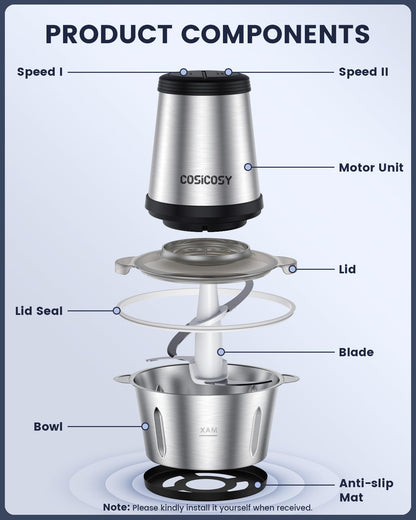 - Food Processor | Cosicosy 2L Meat Grinder with 4 Durable Blades | 2 Speed Adjustable Food Grinder Stainless Steel Food Chopper -