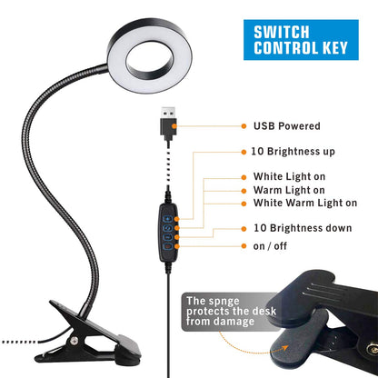 - KNAMKY USB LED Desk Lamp Clip On Light | 3 Light Mode | 10 Dimmable Brightness -