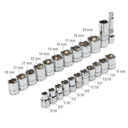- WORKPRO 24PC Socket Set 3/8" Ratchet Drive Sockets Wrench, 11pc Metric & 10pc SAE Sockets, Extension Bar Spark Plug Rachet Set Spanners with Blow Molded Case