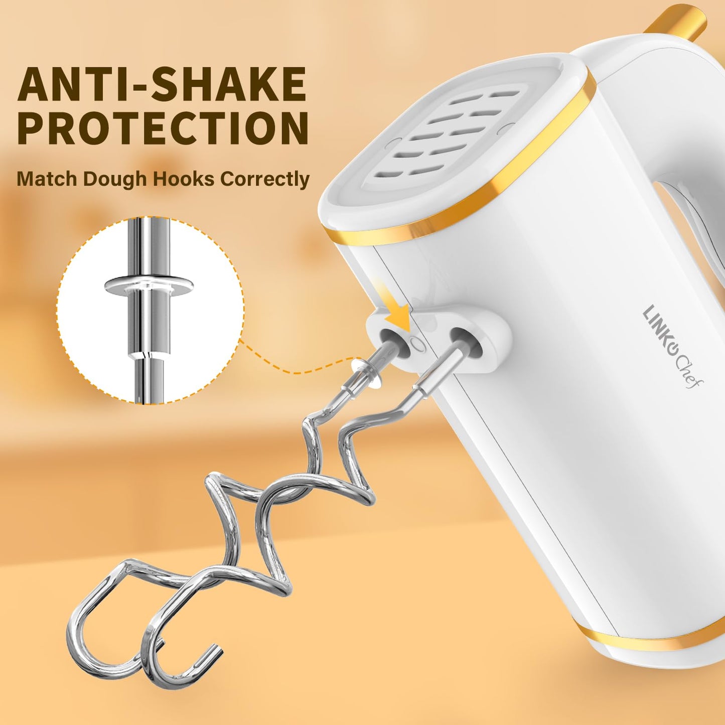 - LINKChef Anti-Splash Hand Mixer Electric Whisk with Storage Base | 5-Speed White Electric Hand Whisk for Baking | 450W -
