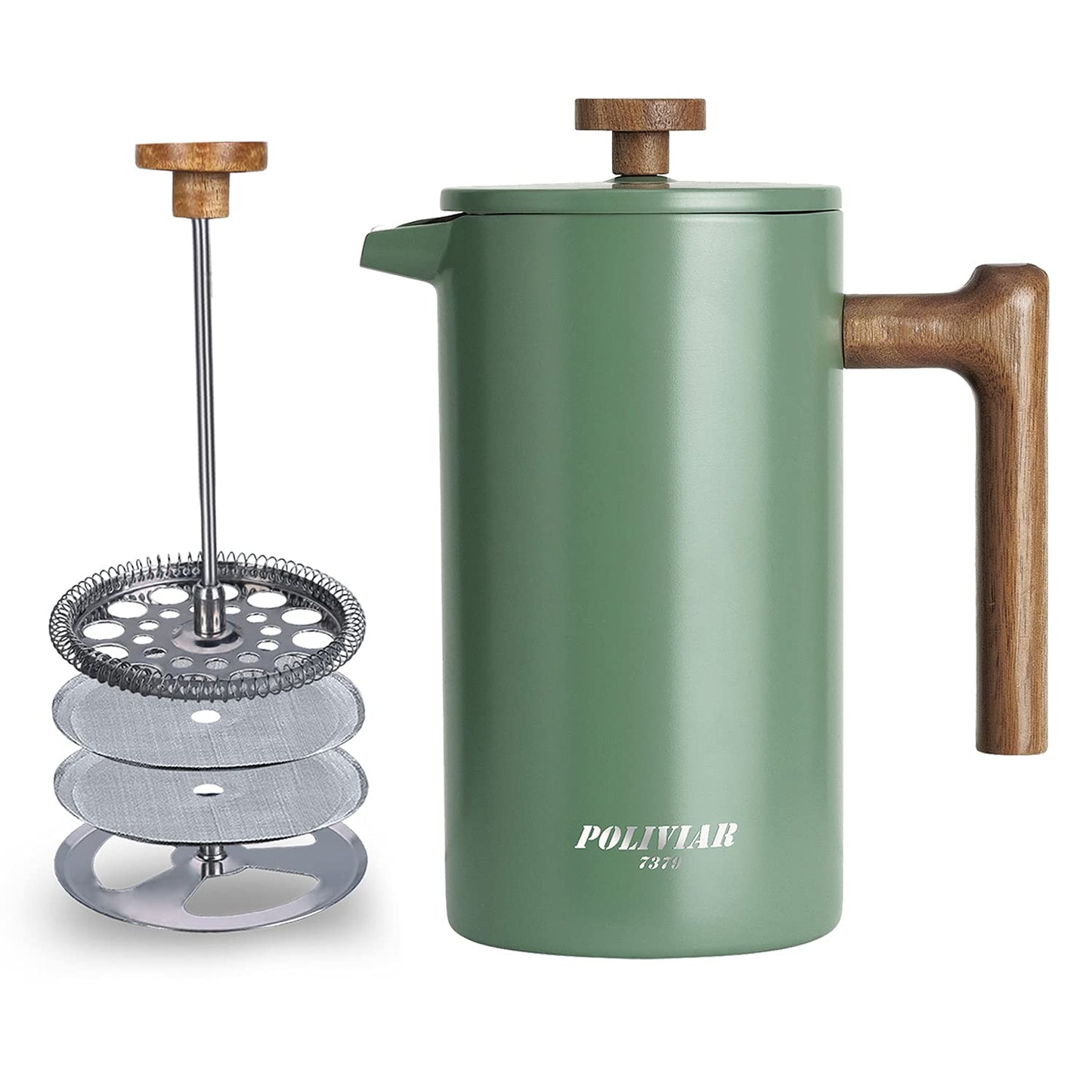 - POLIVIAR Cafetiere 8 Cup- French Press Coffee Maker with Wood Handle | Stainless Steel Cafetiere for Coffee and Tea (1 L) -