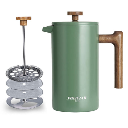 - POLIVIAR Cafetiere 8 Cup- French Press Coffee Maker with Wood Handle | Stainless Steel Cafetiere for Coffee and Tea (1 L) -