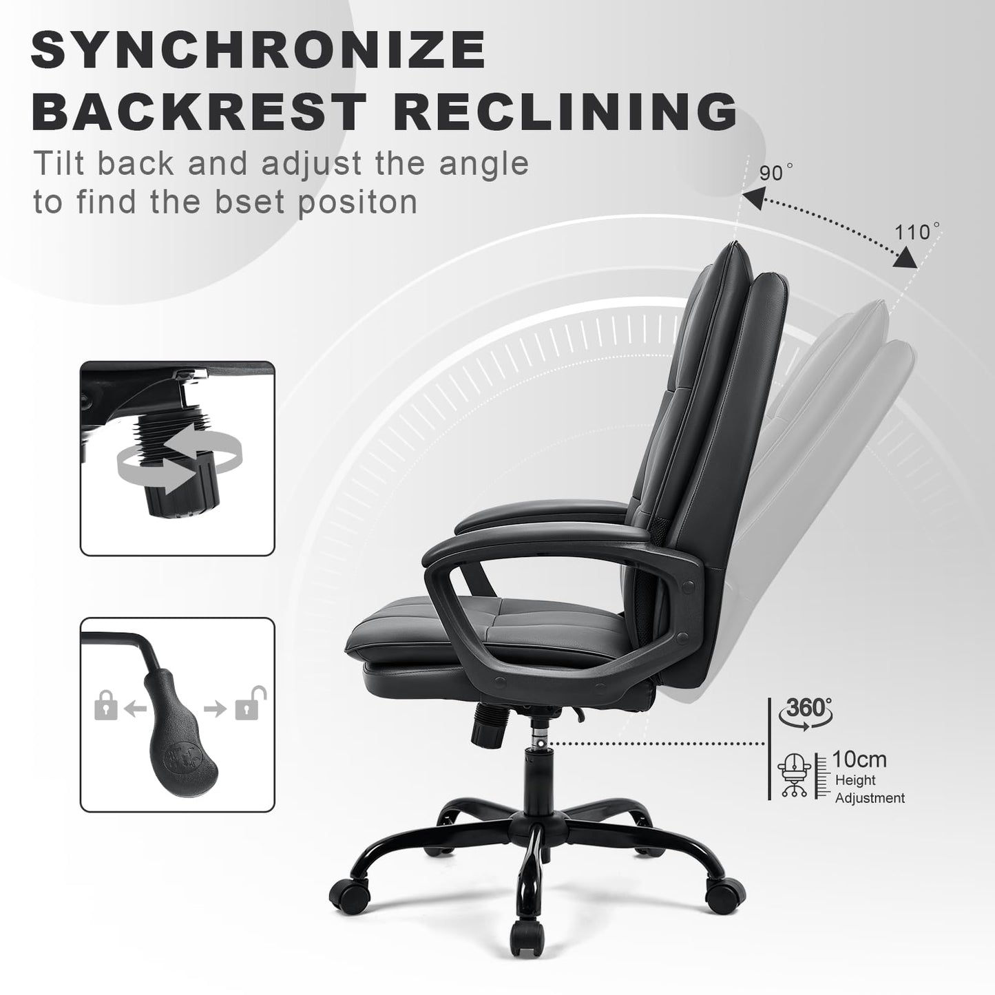 BASETBL Office Chair for Home, Recline Extra Padded Comfy Desk Chair, Ergonomic Executive Computer Chair, Skin-friendly PU Leather Waterproof and Stain-Resistant Work Chair Widen and Enlarge (Black)