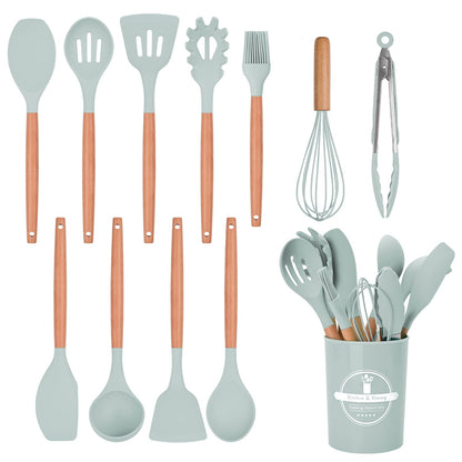 - FIOUSY Kitchen Utensil Set | 12 PCS Silicone Cooking Utensils Set | With Wooden Handle -