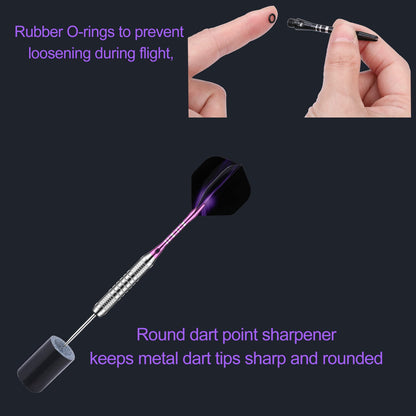 DARTSPACE 12 Pack Steel Tip Darts Set 22 24 Grams, Metal Tip Darts with Premium Black Purple Darts Stem 24 Flights Extra 50 Rubber O-Rings 1 Dart Sharpener Tool Kit for Dart Board
