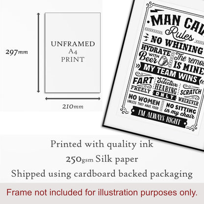 - Maise & Rose Man Cave Gift | Funny Man Cave Rules A4 Unframed Black and White Print | Man Cave Wall Art -