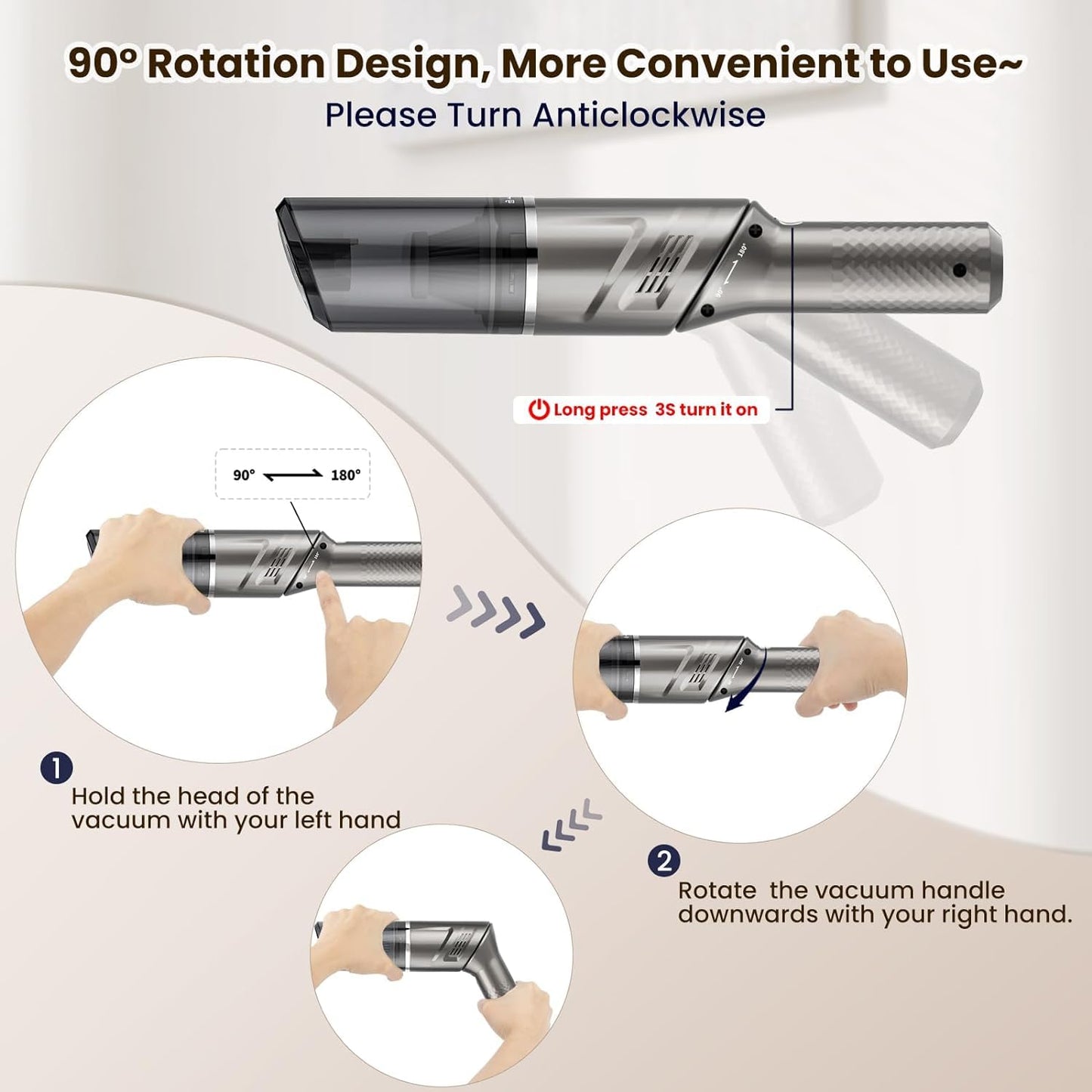 Car Vacuum Mini Vacuum Handheld Vacuum Cordless,120W Car Vacuum Cleaner High Power 90° Rotatable Handle Rechargeable Hand Vacuum Cordless Dry Wireless Portable Handheld Car Vacuum for Home/Car/Office