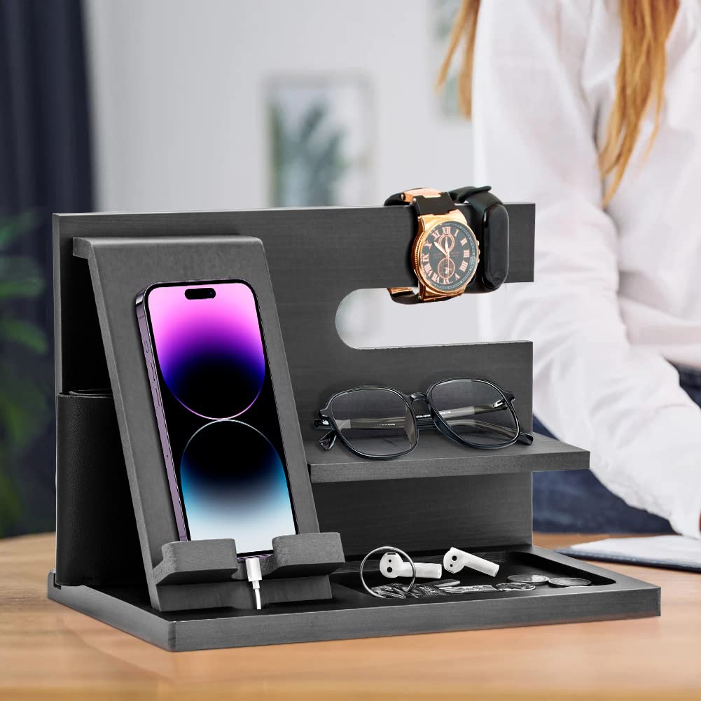 Birthday Gifts for Men who have everything Dad Gifts Wood Phone Docking Station for Men Bedside Table Organiser for Him Gifts for Dad Mens Gifts for Husband Presents for Men Bedside Gadget Organiser