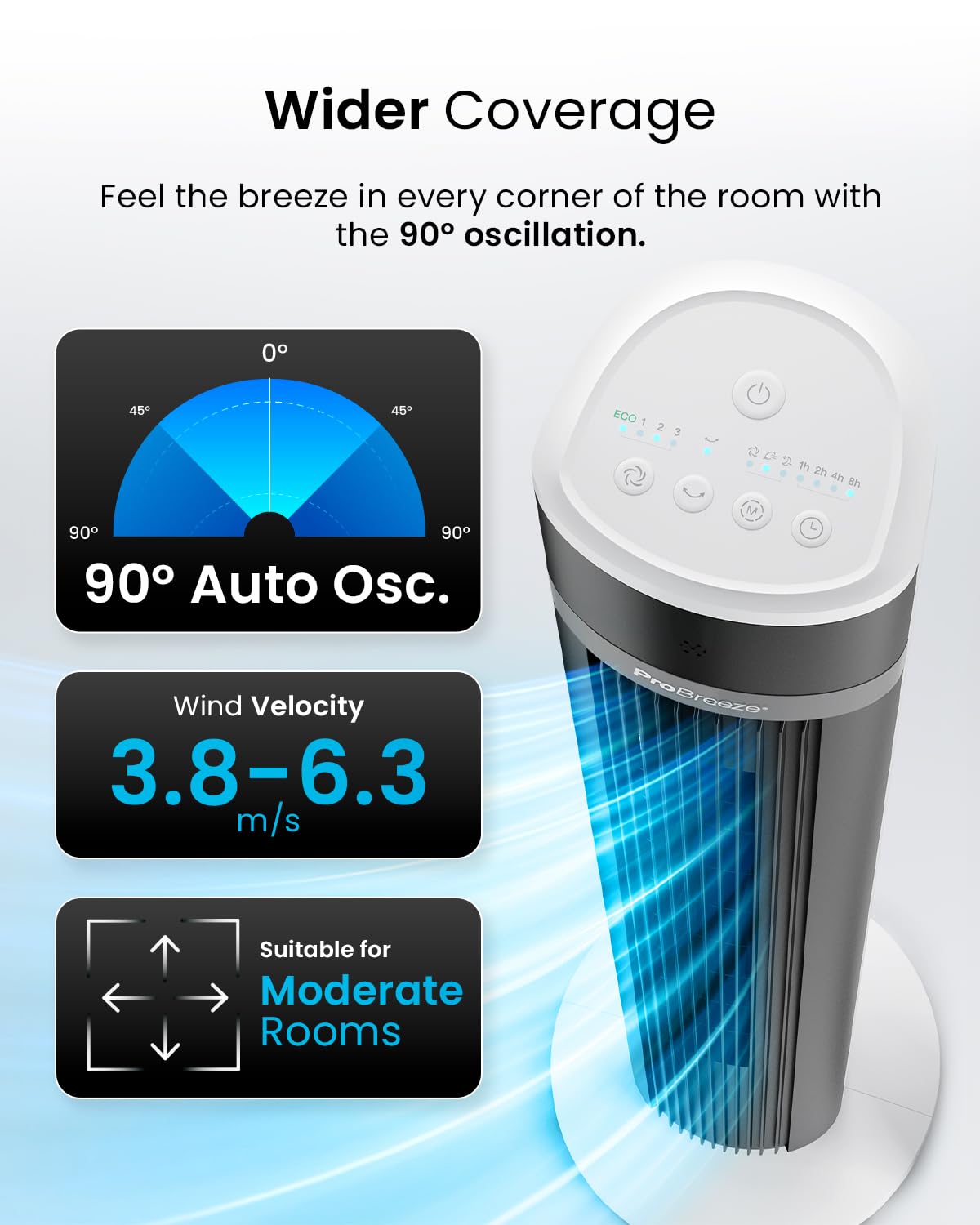 - Pro Breeze Silent Bladeless Tower Fan with Remote Control | 90° Oscillation | 15H Timer -