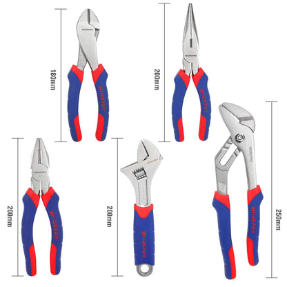 - WORKPRO 5-Piece Pliers Set, Includes 250nn Water Pump Plier, 200mm Combination Plier, 200mm Long Nose Plier, 180mm Diagonal Cutter, 200mm Adjustable Wrench, with Soft Grip Handles