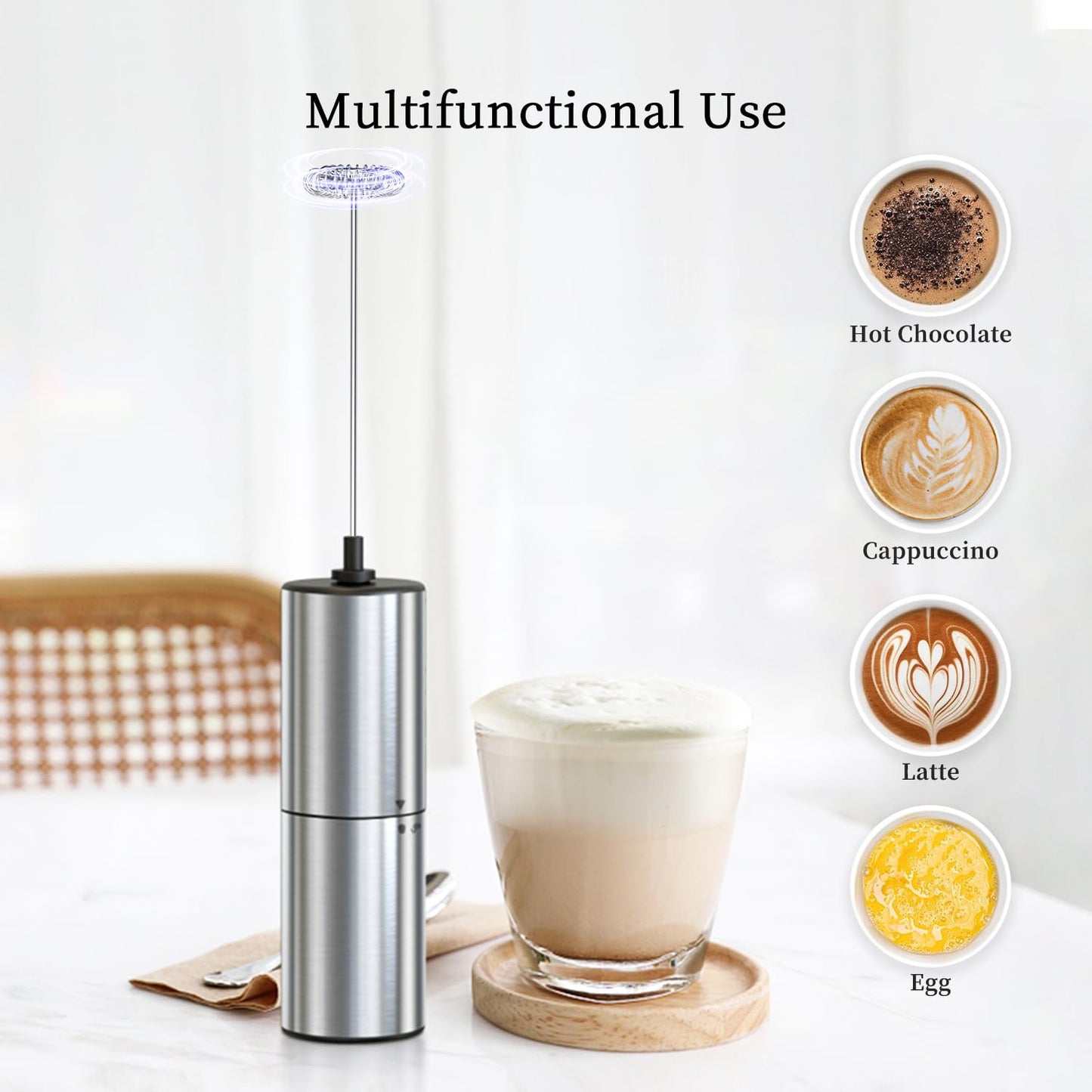 - ELMWAY Electric Milk Frother Handheld | Stainless Steel Whisk -