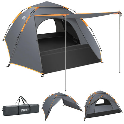 Cflity Camping Tent, 3 Man Pop Up Tent Automatic Instant Three Layer Waterproof 4 Season Large Dome Tent & Shelters with Extended Floor Mat Porch 2 Hall Poles Removable Rainfly