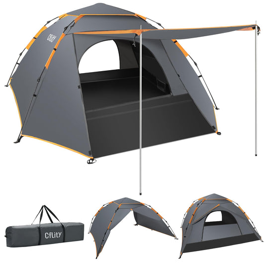 Cflity Camping Tent, 3 Man Pop Up Tent Automatic Instant Three Layer Waterproof 4 Season Large Dome Tent & Shelters with Extended Floor Mat Porch 2 Hall Poles Removable Rainfly