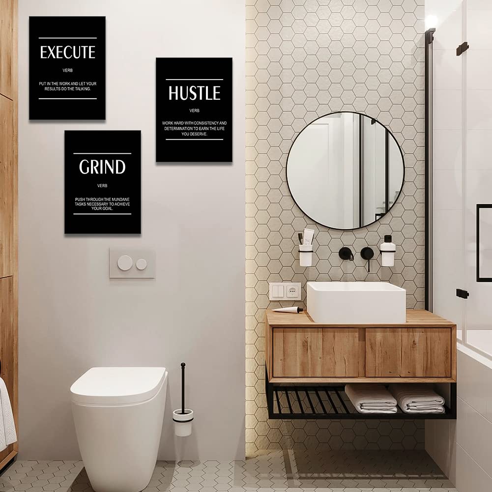 Artscope 3 Pieces Inspirational Motivational Words Wall Art Canvas Prints - Execute Hustle Grind Picture Painting - Modern Wall Artwork Framed for Gifts Bathroom Living Room Office Decor - 30 x 40 CM