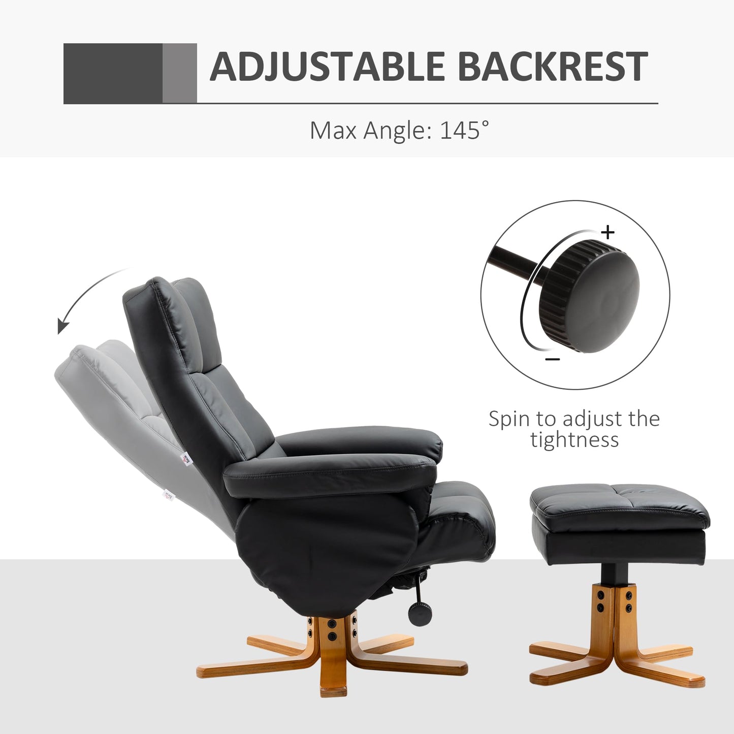 - HOMCOM Faux Leather Swivel Recliner Chair | Footstool | Wooden Base -