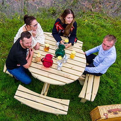 BrackenStyle Wooden Round Table with Bench and Parasol Hole - 1 Piece Furniture Outdoor Dining for Picnic, Garden, Patio, 8 People Seater with 1.8M Diameter (Green Pine)