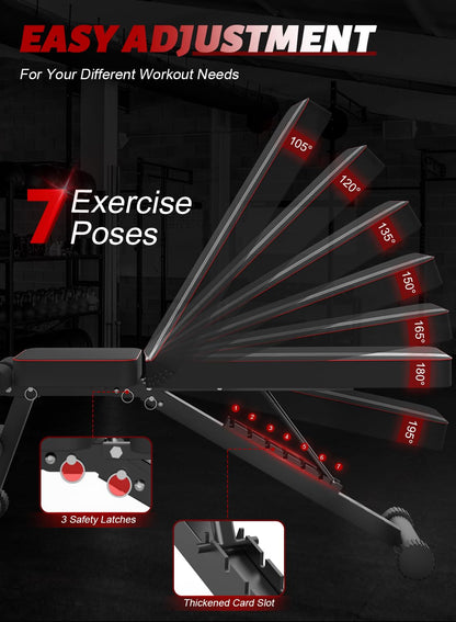 Adjustable Weight Bench, Utility Foldable Weights Bench for Full Body Workout, 7 Backrest Adjustment Multifunctional Incline/Decline Bench Press for Home Gym, Weight Capacity 660LBS