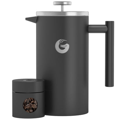 Coffee Gator Cafetiere - 1 Litre French Press Coffee Maker - Large Capacity, Double-Wall Insulated Stainless Steel Brewer - Hotter for Longer – Grey