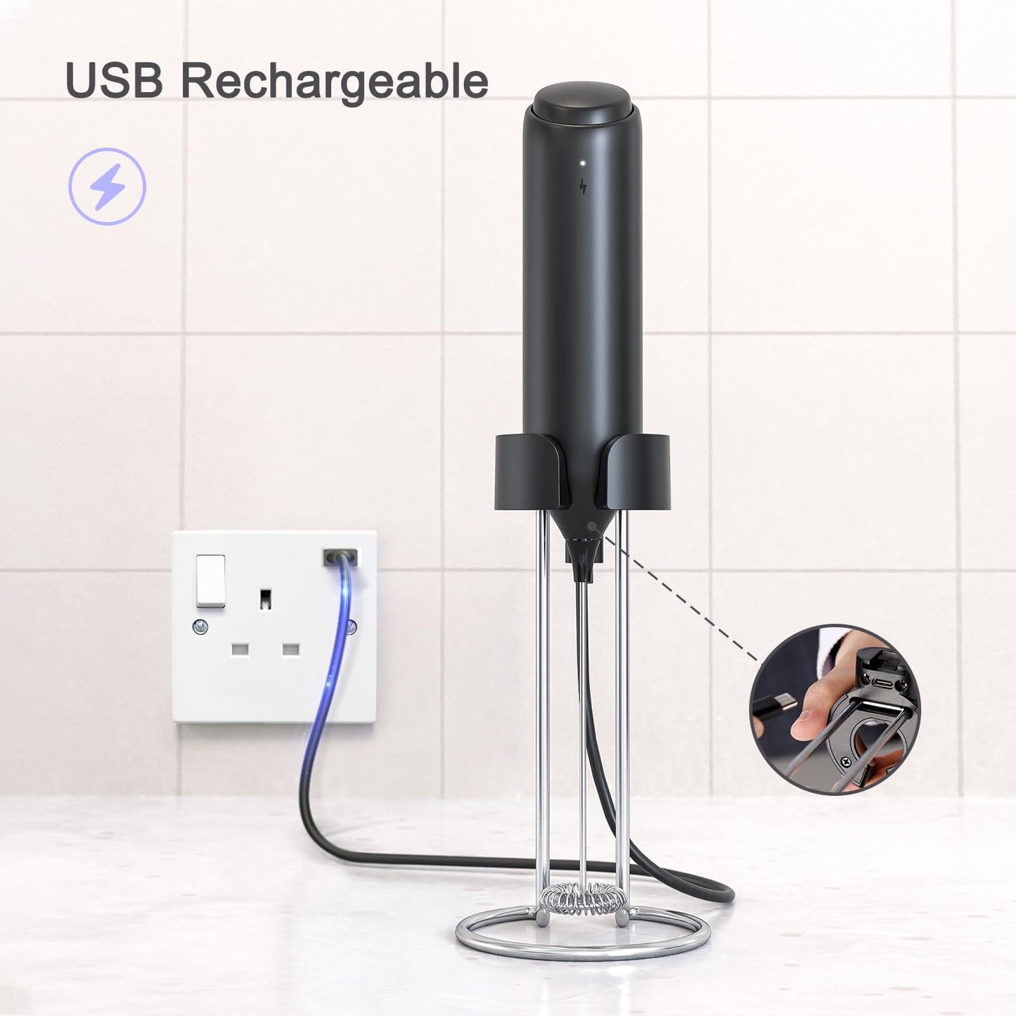 - ELMWAY Rechargeable Milk Frother Handheld | Integrated Charging Stand | 13000rpm Motor Stainless Steel Mixing Head Electric Whisk -