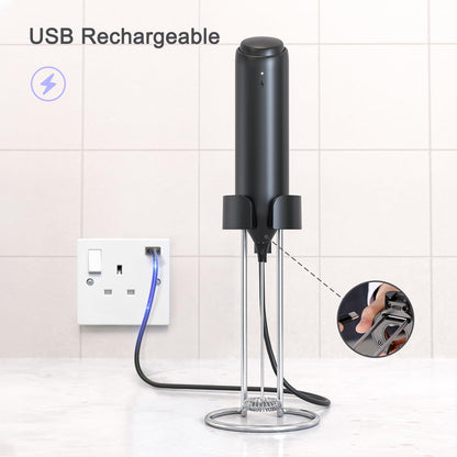 - ELMWAY Rechargeable Milk Frother Handheld | Integrated Charging Stand | 13000rpm Motor Stainless Steel Mixing Head Electric Whisk -