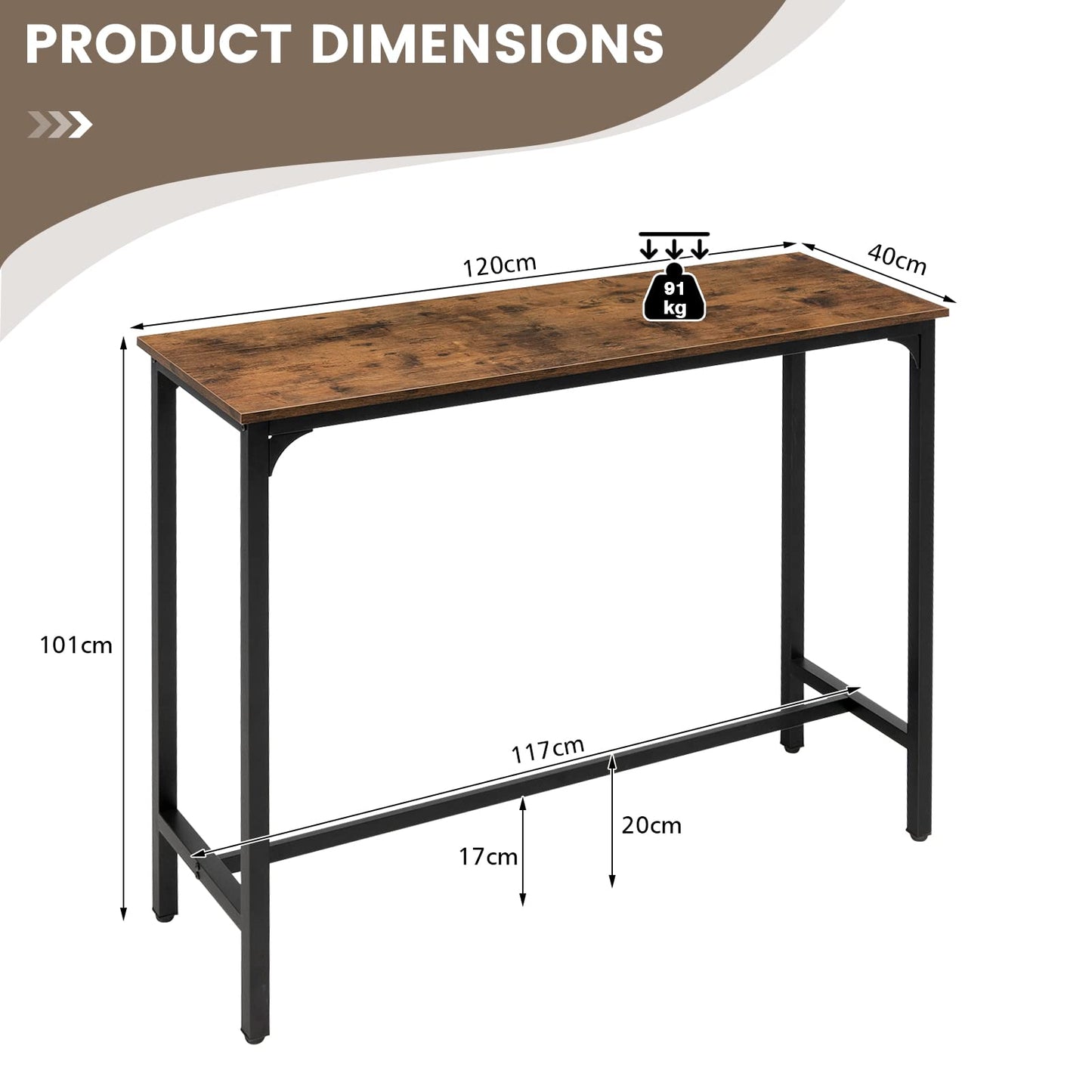 COSTWAY Rectangular Bar Table, 120cm Counter Breakfast Dining High Tables with Footrest and Adjustable Footpads, Metal Frame Pub Coffee Desk for Small Space Kitchen Living Room (Rustic Brown)