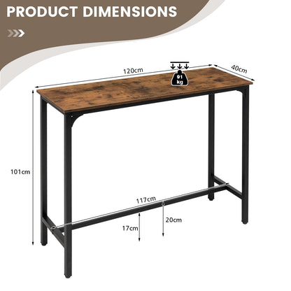 COSTWAY Rectangular Bar Table, 120cm Counter Breakfast Dining High Tables with Footrest and Adjustable Footpads, Metal Frame Pub Coffee Desk for Small Space Kitchen Living Room (Rustic Brown)