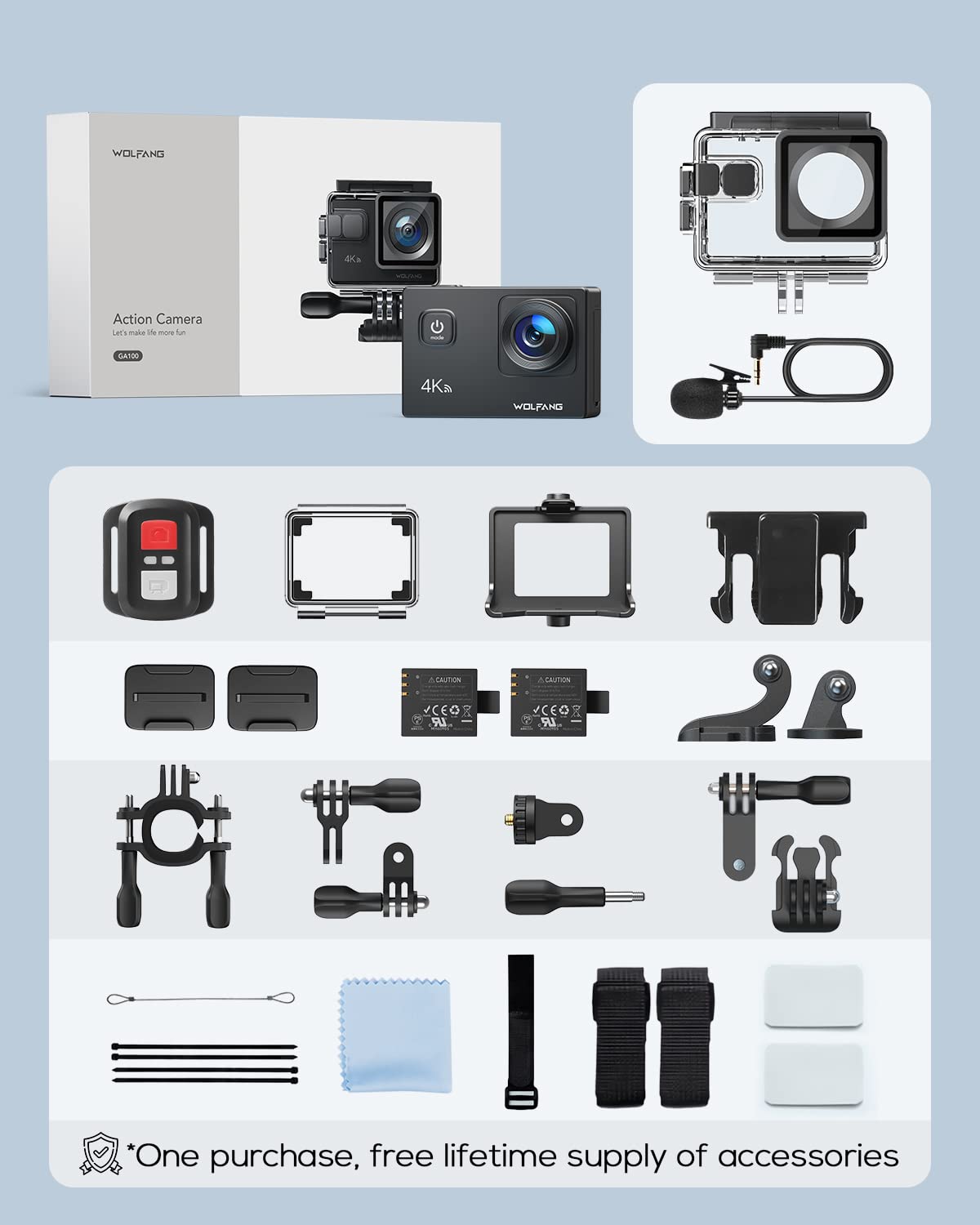 - WOLFANG Action Camera 4K 20MP GA100, Waterproof 40M Underwater Camera