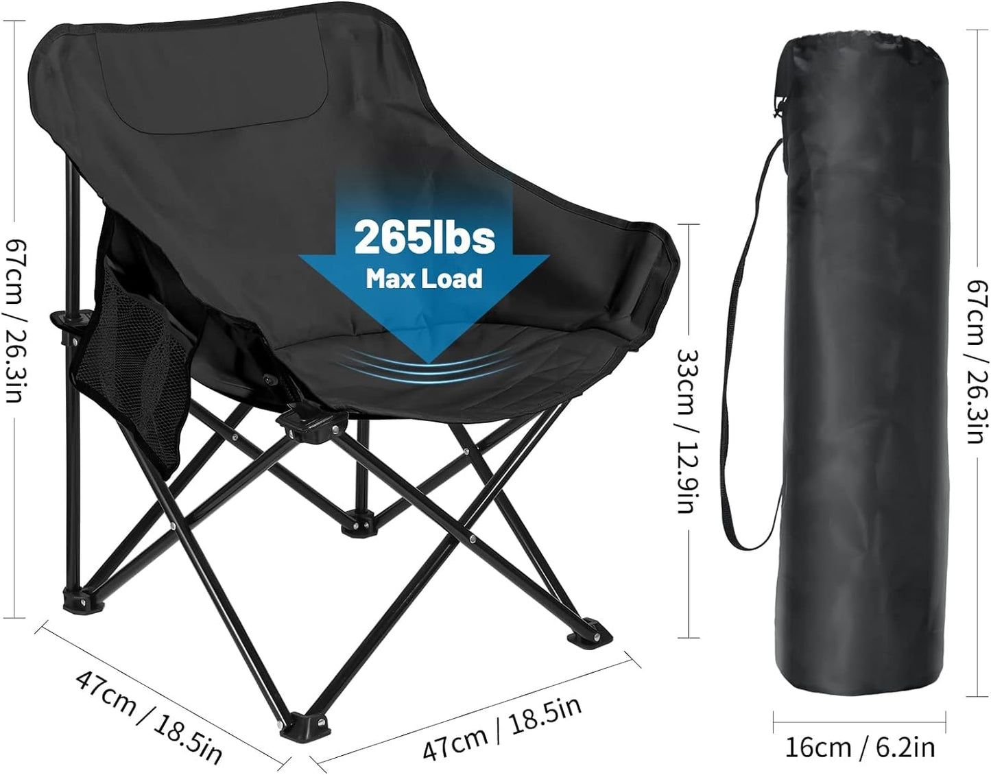 Camping Chairs Set of 2 Portable Chair Support 265lbs for Adults,Foldable Chair Sets up in 4 Seconds, Backpacking Chair with Carring Bags, Black