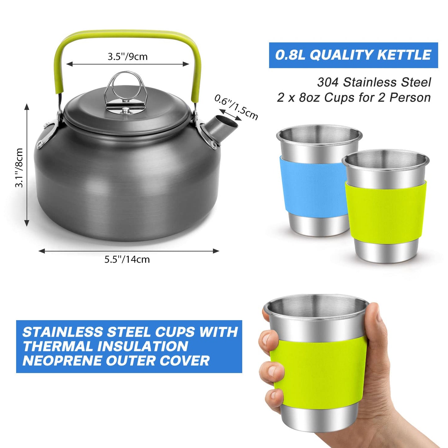 - Odoland Camping Cookware Set |Non Stick Pot Pan Kettle Set | Stainless Steel Cups | Plates -