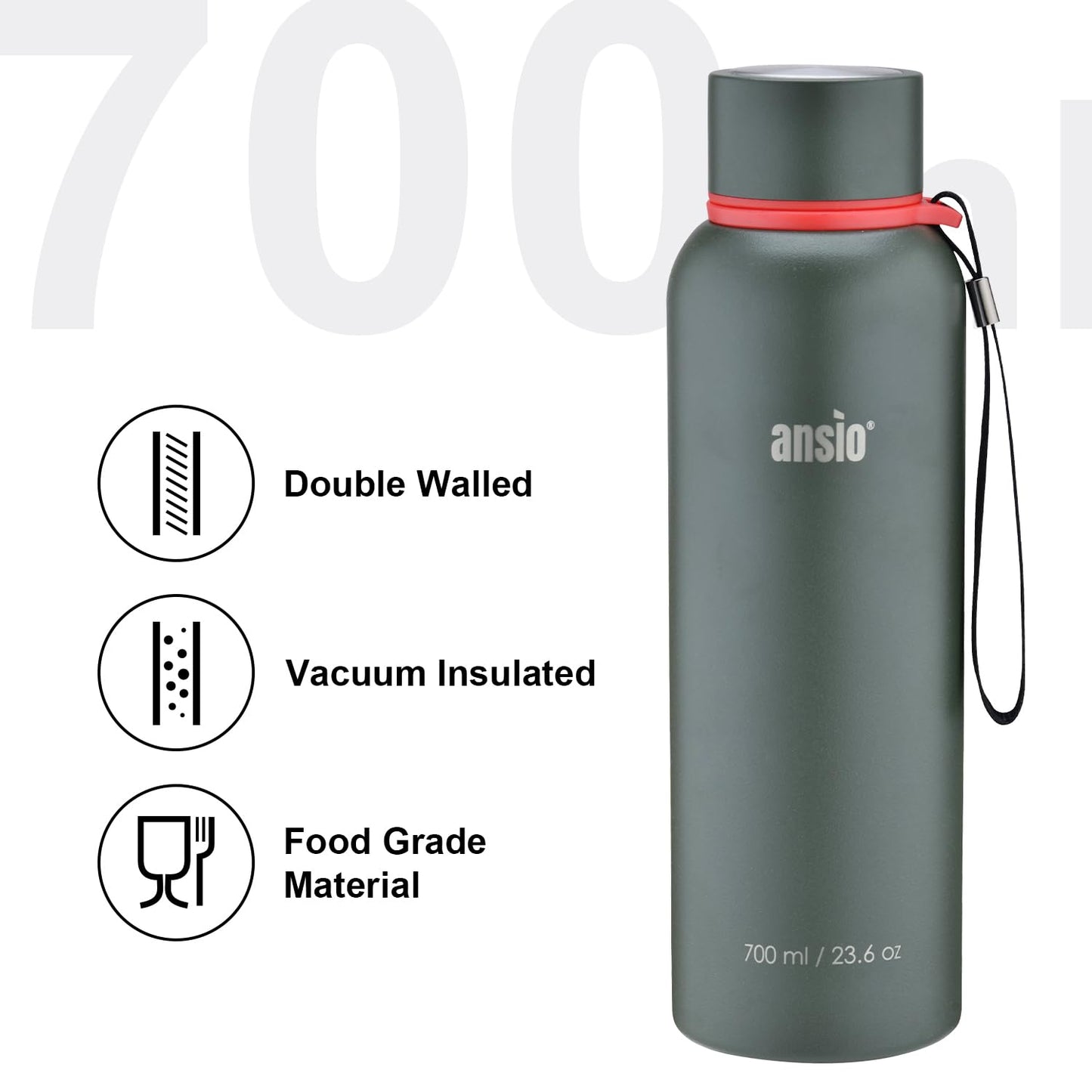 ANSIO Water Bottle,Vacuum Flask & Stainless Steel Water Bottle Double Walled Insulated Drinks Bottle Hot & Cold BPA Free Outdoor Sports Camping Hiking Cycling (700 ML, Dark Green)