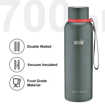 ANSIO Water Bottle,Vacuum Flask & Stainless Steel Water Bottle Double Walled Insulated Drinks Bottle Hot & Cold BPA Free Outdoor Sports Camping Hiking Cycling (700 ML, Dark Green)