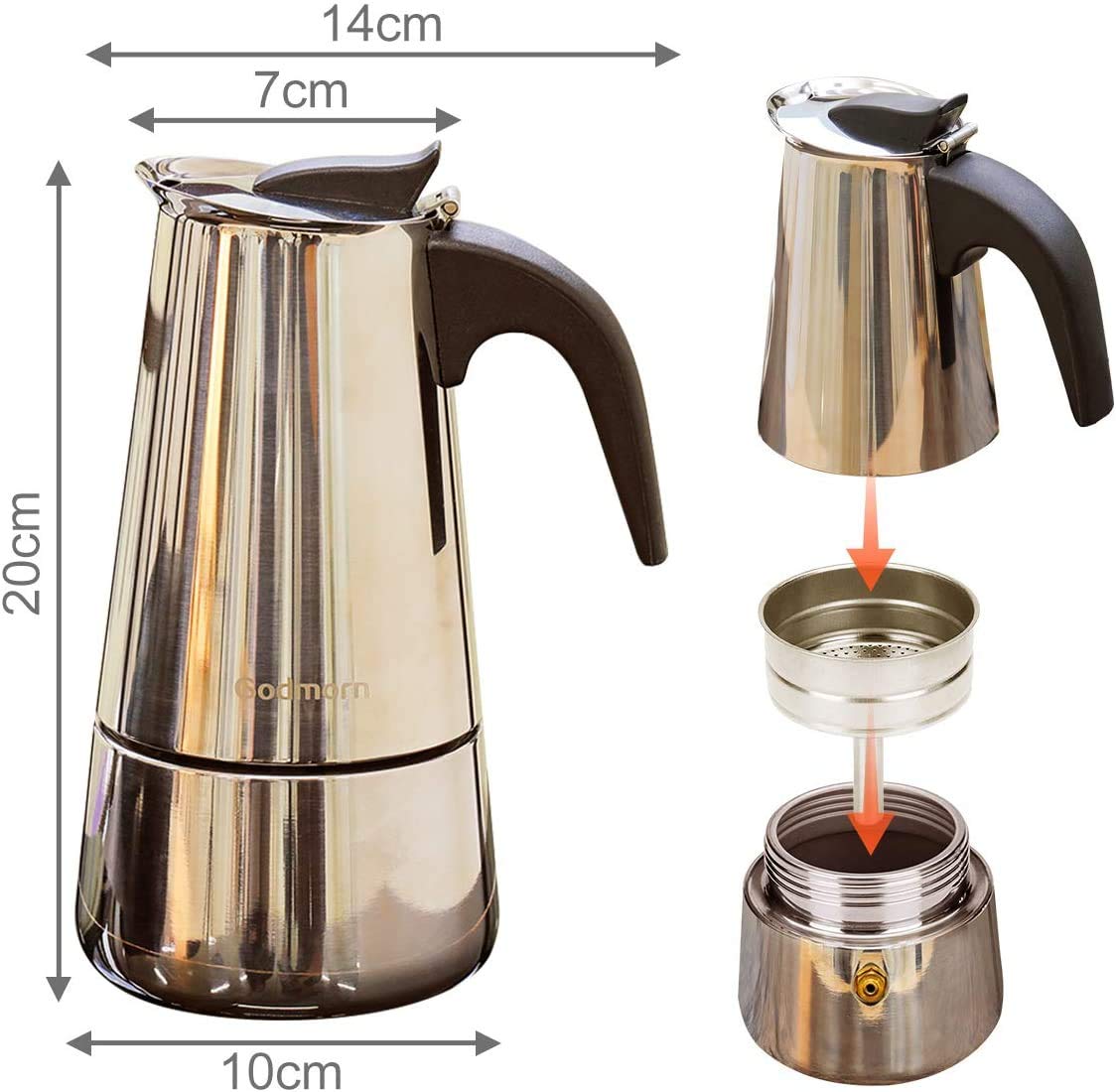 - Godmorn Stovetop Espresso Maker| Italian Coffee Maker Moka Pot | 300ml/6 Cup (Espresso Cup=50ml) -