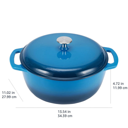 Amazon Basics Enameled Cast Iron Round Dutch Oven with Lid and Dual Handles, Heavy-Duty, 5.6 L, Blue