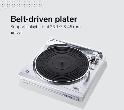 Denon DP29FE2 Record Player for Vinyl Records, Vinyl Turntable, MP3 and WAV, 33/45 RPM, Built-in Phono Equalizer, Including Removable Dust Cover and MM Cartridge, MC Compatible, Silver