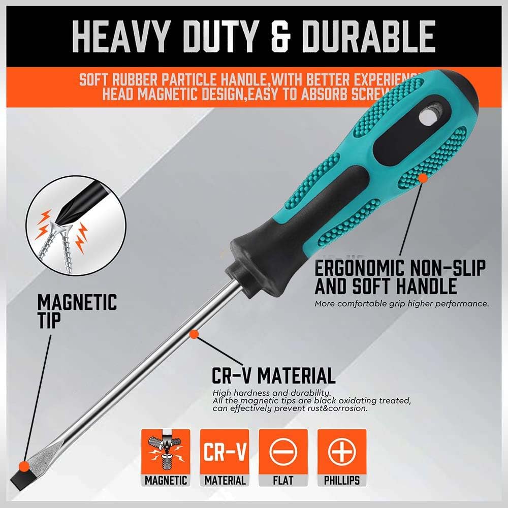 10pcs Screwdriver Set,Heavy Duty Chrome Vanadium Steel Made,Magnetic Screwdriver with 5 Cross& 5 Flat Head,Muti Purpose Screwdriver Kit,Durable Hand Tools in Carry Bag